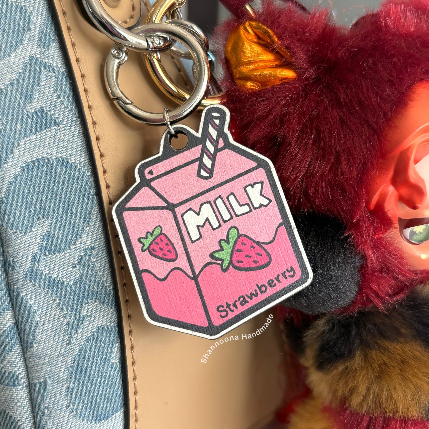 Milk Wooden Keychain - Strawberry