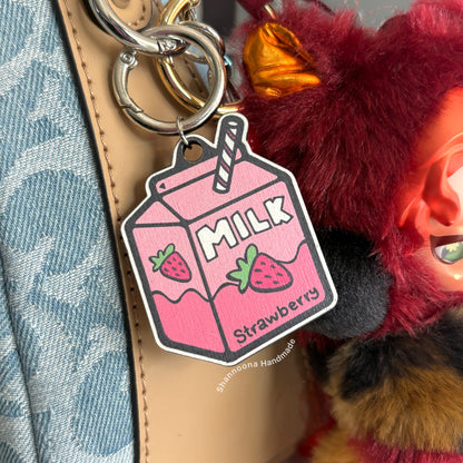 Milk Wooden Keychain - Strawberry