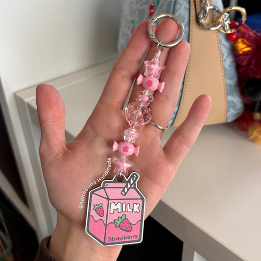 Milk Beaded Keychain - Strawberry