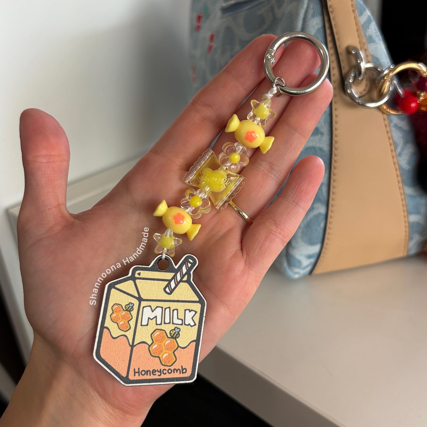 Milk Beaded Keychain - Honeycomb